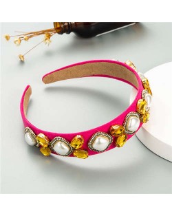 Rhinestone and Pearl Combo Royal Fashion Women Hair Hoop - Rose