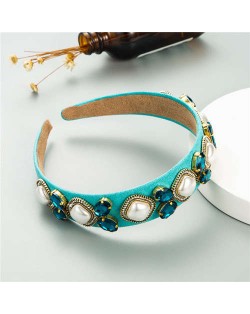 Rhinestone and Pearl Combo Royal Fashion Women Hair Hoop - Blue