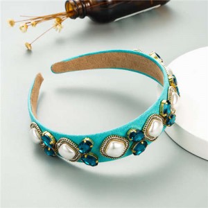 Rhinestone and Pearl Combo Royal Fashion Women Hair Hoop - Blue