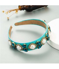 Rhinestone and Pearl Combo Royal Fashion Women Hair Hoop - Blue