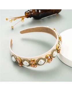 Rhinestone and Pearl Combo Royal Fashion Women Hair Hoop - Beige