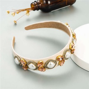 Rhinestone and Pearl Combo Royal Fashion Women Hair Hoop - Beige