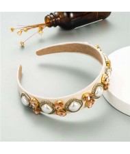 Rhinestone and Pearl Combo Royal Fashion Women Hair Hoop - Beige