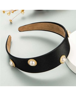 Pearl Embellished Wide Design Solid Color Cloth Women Headband - Black