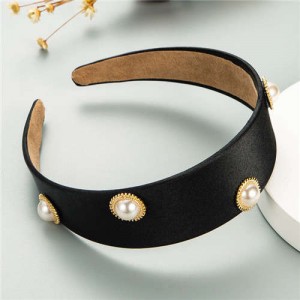 Pearl Embellished Wide Design Solid Color Cloth Women Headband - Black