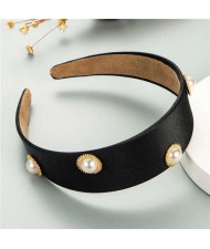 Pearl Embellished Wide Design Solid Color Cloth Women Headband - Black