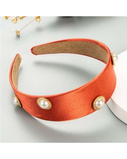 Pearl Embellished Wide Design Solid Color Cloth Women Headband - Orange