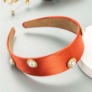 Pearl Embellished Wide Design Solid Color Cloth Women Headband - Orange