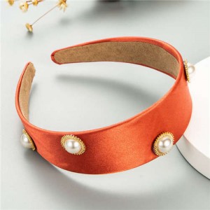 Pearl Embellished Wide Design Solid Color Cloth Women Headband - Orange