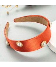 Pearl Embellished Wide Design Solid Color Cloth Women Headband - Orange