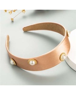 Pearl Embellished Wide Design Solid Color Cloth Women Headband - Pink