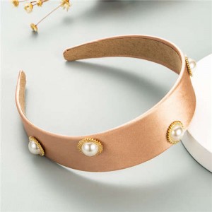Pearl Embellished Wide Design Solid Color Cloth Women Headband - Pink