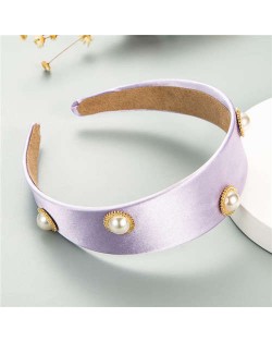 Pearl Embellished Wide Design Solid Color Cloth Women Headband - Purple