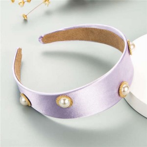 Pearl Embellished Wide Design Solid Color Cloth Women Headband - Purple
