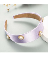 Pearl Embellished Wide Design Solid Color Cloth Women Headband - Purple