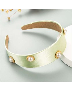 Pearl Embellished Wide Design Solid Color Cloth Women Headband - Green