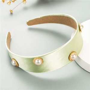 Pearl Embellished Wide Design Solid Color Cloth Women Headband - Green