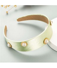 Pearl Embellished Wide Design Solid Color Cloth Women Headband - Green