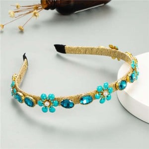 Tiny Flowers Embellished Korean Fashion Women Costume Headband - Blue