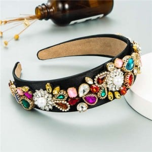 U.S. High Fashion Baroque Flowers Design Bejeweled Women Headband - Black