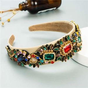 U.S. High Fashion Baroque Flowers Design Bejeweled Women Headband - Khaki