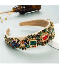 U.S. High Fashion Baroque Flowers Design Bejeweled Women Headband - Khaki