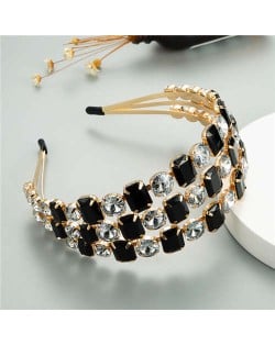 Super Shining Three Rows Rhinestone Women Bejeweled Hair Hoop/ Headband - Black