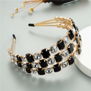 Super Shining Three Rows Rhinestone Women Bejeweled Hair Hoop/ Headband - Black