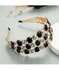 Super Shining Three Rows Rhinestone Women Bejeweled Hair Hoop/ Headband - Black