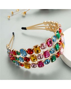 Super Shining Three Rows Rhinestone Women Bejeweled Hair Hoop/ Headband - Multicolor