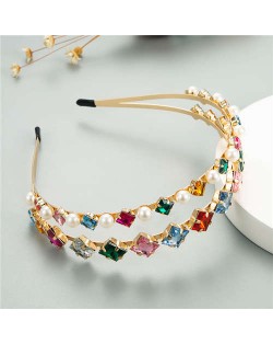 Square Rhinestone and Pearl Embellished Korean Style Women Costume Hair Hoop