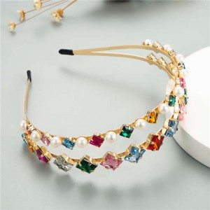 Square Rhinestone and Pearl Embellished Korean Style Women Costume Hair Hoop