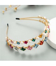 Square Rhinestone and Pearl Embellished Korean Style Women Costume Hair Hoop