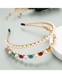 Round Rhinestone and Pearl Embellished Korean Style Women Costume Hair Hoop