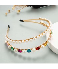 Round Rhinestone and Pearl Embellished Korean Style Women Costume Hair Hoop