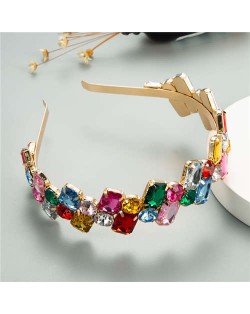 Colorful Square Rhinestone Baroque Design Women Bejeweled Costume Headband