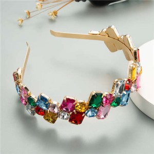 Colorful Square Rhinestone Baroque Design Women Bejeweled Costume Headband