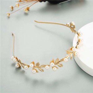 Leaves and Flowers Design Pearl and Rhinestone Inlaid Internet Celebrities Choice Women Costume Hair Hoop