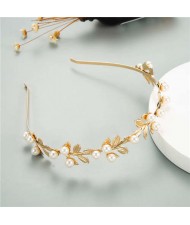 Leaves and Flowers Design Pearl and Rhinestone Inlaid Internet Celebrities Choice Women Costume Hair Hoop