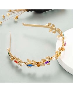 Pearl Decorated Leaves Design Women High Fashion Golden Hair Hoop