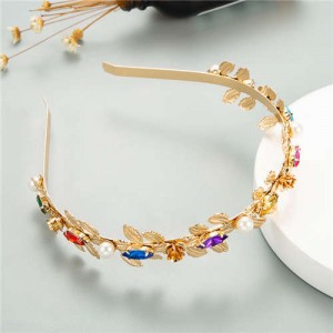 Pearl Decorated Leaves Design Women High Fashion Golden Hair Hoop