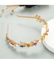 Pearl Decorated Leaves Design Women High Fashion Golden Hair Hoop
