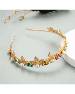 Vintage Fashion Triangular Rhinstone and Pearl Embellished Golden Leaves Women Hair Hoop