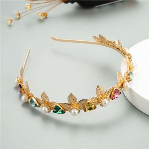 Vintage Fashion Triangular Rhinstone and Pearl Embellished Golden Leaves Women Hair Hoop