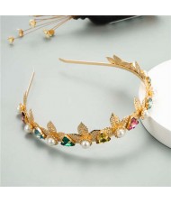 Vintage Fashion Triangular Rhinstone and Pearl Embellished Golden Leaves Women Hair Hoop