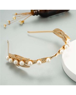 Pearl Decorated Golden Leaves Design Women Alloy Headband