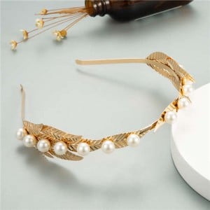 Pearl Decorated Golden Leaves Design Women Alloy Headband