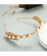 Pearl Decorated Golden Leaves Design Women Alloy Headband