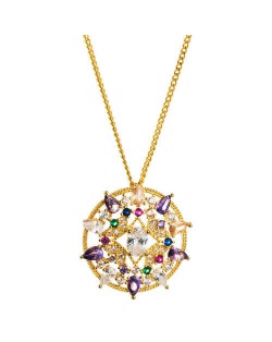 Colorful Rhinestone Decorated Hollow Round Pendant Hip-hop Style Copper Costume Necklace