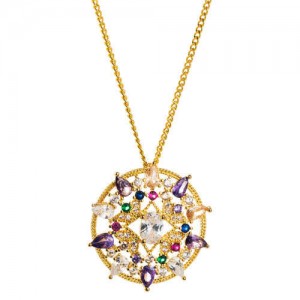 Colorful Rhinestone Decorated Hollow Round Pendant Hip-hop Style Copper Costume Necklace